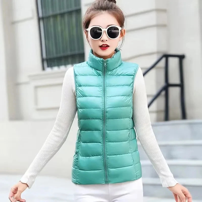 2024 Women's Clothing Down Coats White duck down slim fit new lightweight down vest short standing collar warm thin jacket vests - Colouronova