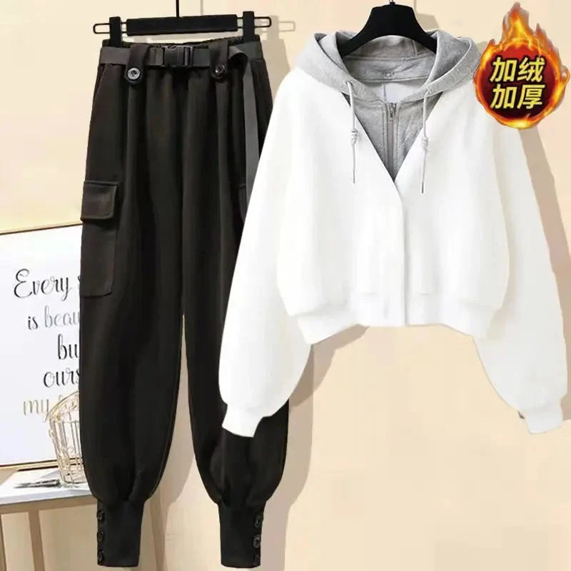 Autumn and Winter Collection with Plush and Thick Long Sleeved Hooded Jacket Work Pants Two-piece Set Women's Pants Set Colouronova