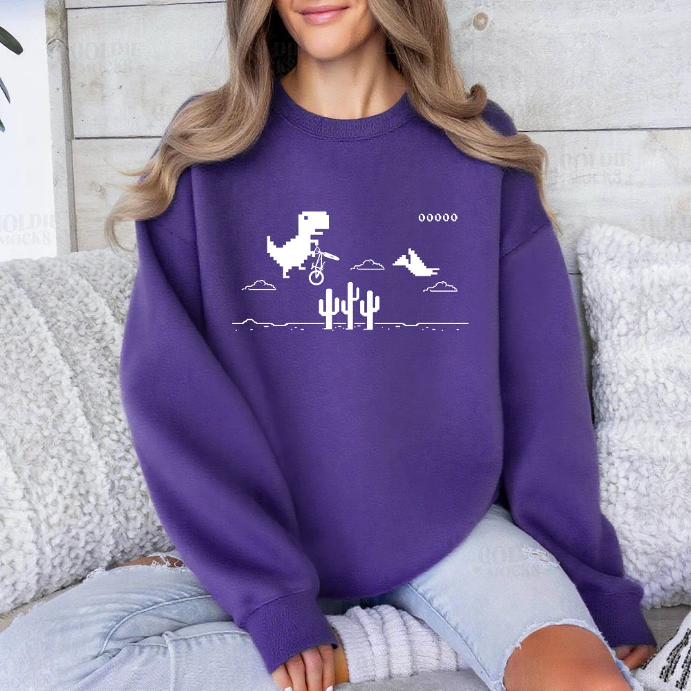 Pixel Art Of The Dino Game Printed Sweatshirts Women Crewneck Sporty Hoodies Loose Fleece Warm Tops Autumn Casual Womans Clothes - Colouronova