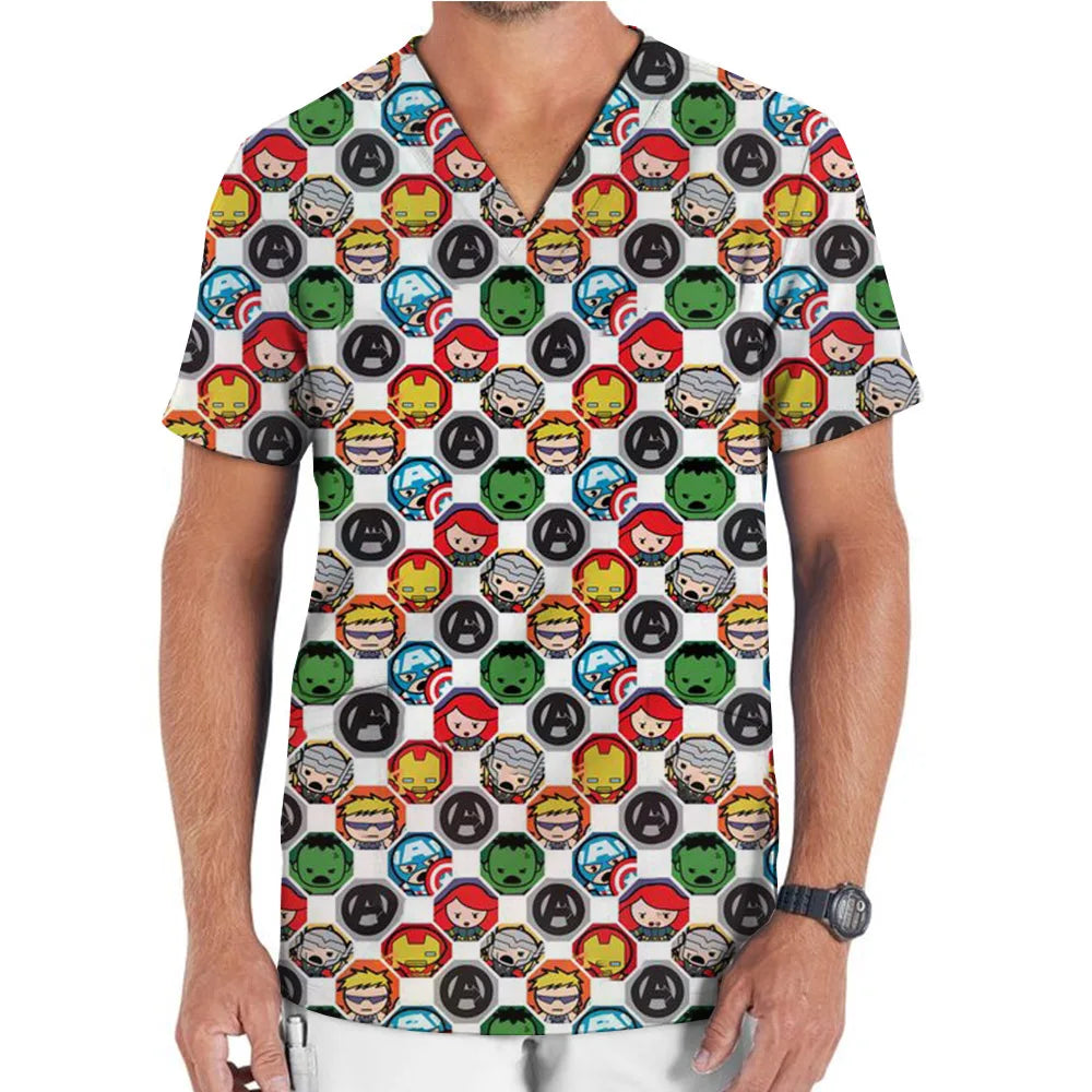 Medical Uniform Men's Nurse Marvel Superhero Matte V-neck Short sleeved Shirt Hospital Top Surgical Dress Men's Dentist T-shirt - Colouronova