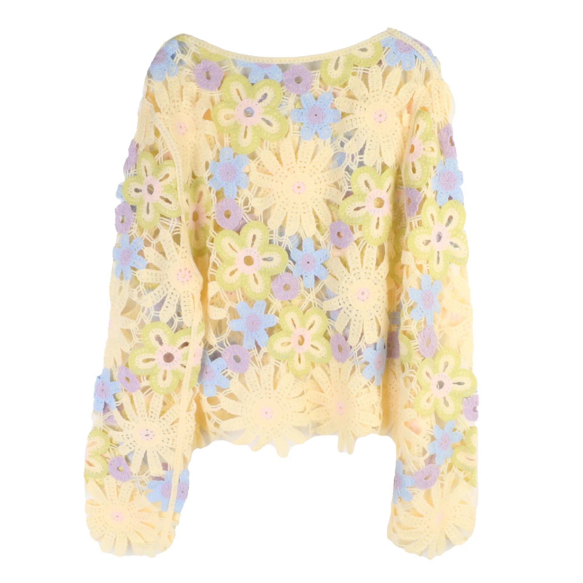 Bohemian Holiday Style Flower Knitted Pullover Long-sleeved Sweater Women's Loose Autumn And Winter New Ethnic Retro Sweater Top - Colouronova