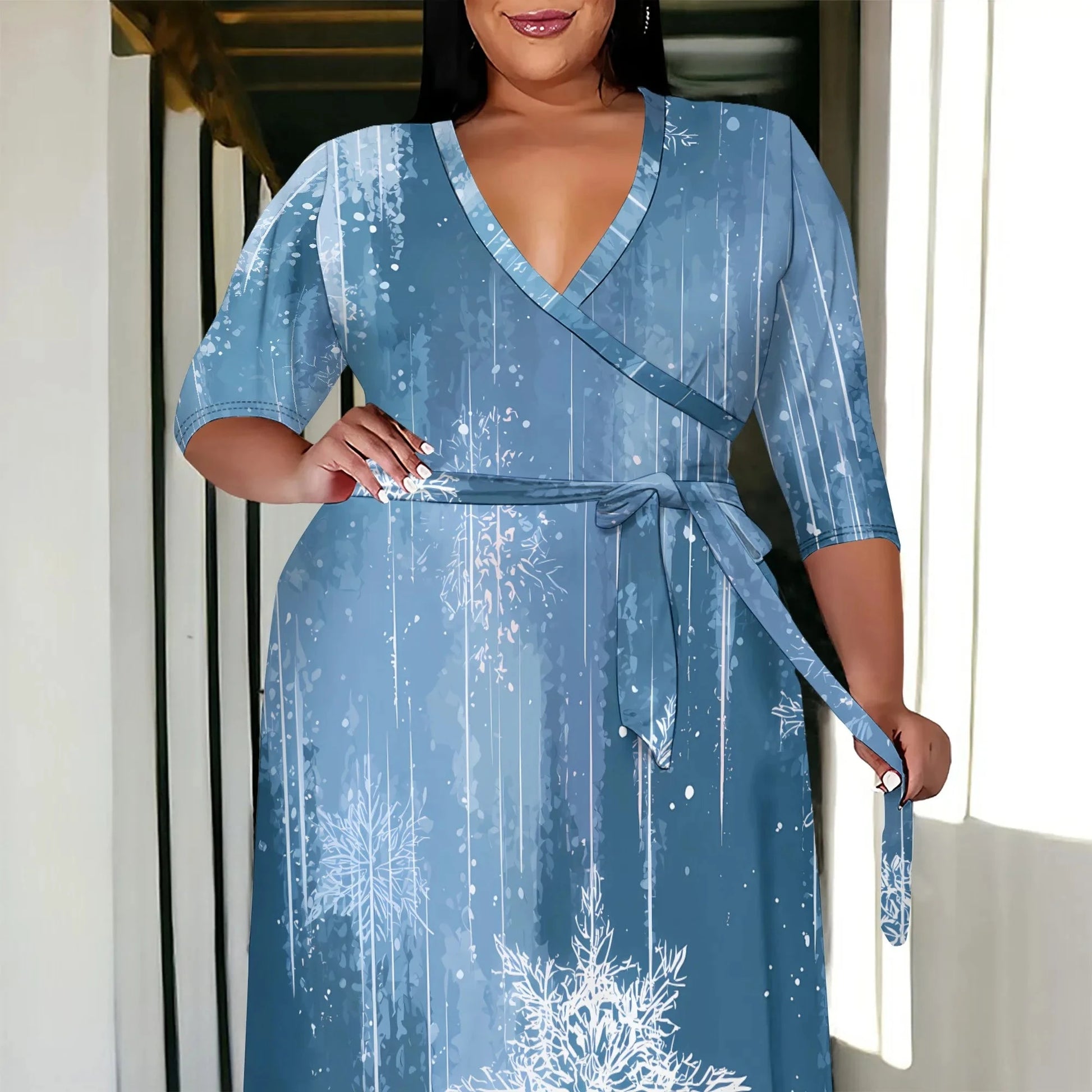 Plus Size Women's 3/4 Sleeve V-Neck Snowflake Print Wrap Maxi Dress Winter Elegant Party Dress Colouronova