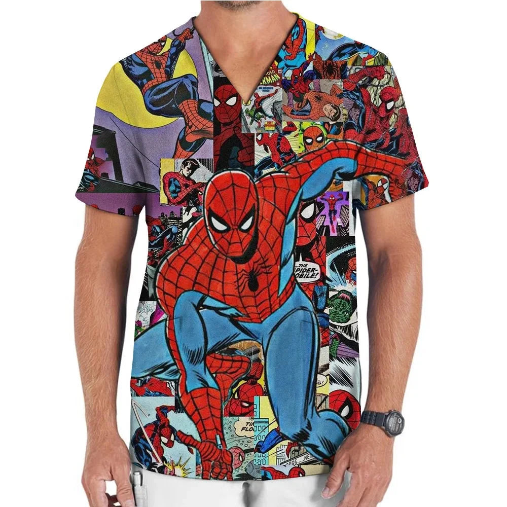Medical Uniform Men's Nurse Marvel Superhero Matte V-neck Short sleeved Shirt Hospital Top Surgical Dress Men's Dentist T-shirt Colouronova