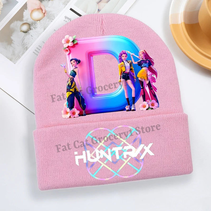 Kpop Demon Hunter Knitted Hat Girls Cute Letter A-Z Knit Cap Kids Winter Outdoors Warm Beanies Children Fashion Headgear Gift - Colouronova