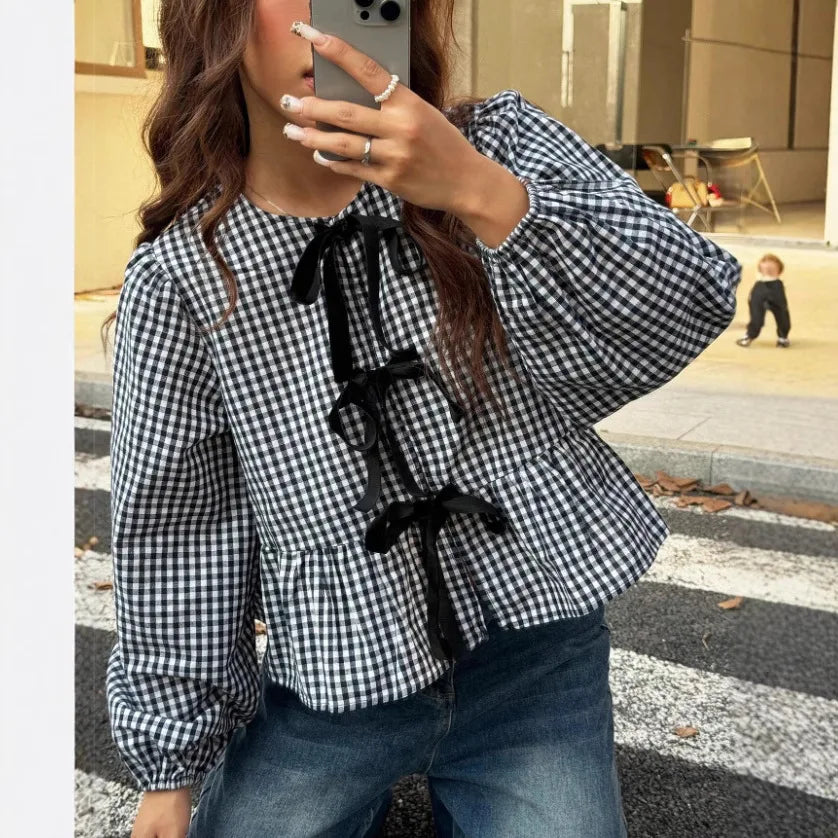 Shirt Women Casual Blouses Coat Plaid Printing Lace Up Bow Round Collar Puff Sleeve Sweet Overshirt Female Spring Summer 2025 - Colouronova
