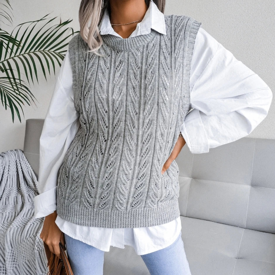 women's winter sweaters Korean popular women's vest solid color O-neck sleeveless hollow knitted loose casual sweater vest - Colouronova
