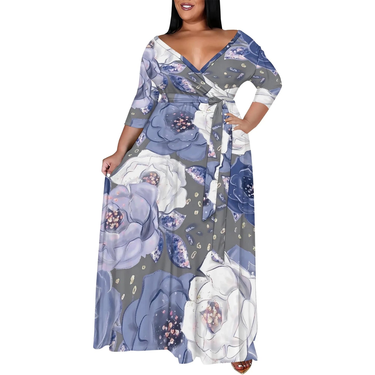 Plus Size Snowflake Floral Print Maxi Dress 3/4 Sleeve V Neck Winter Holiday Elegant Belted Dress Colouronova