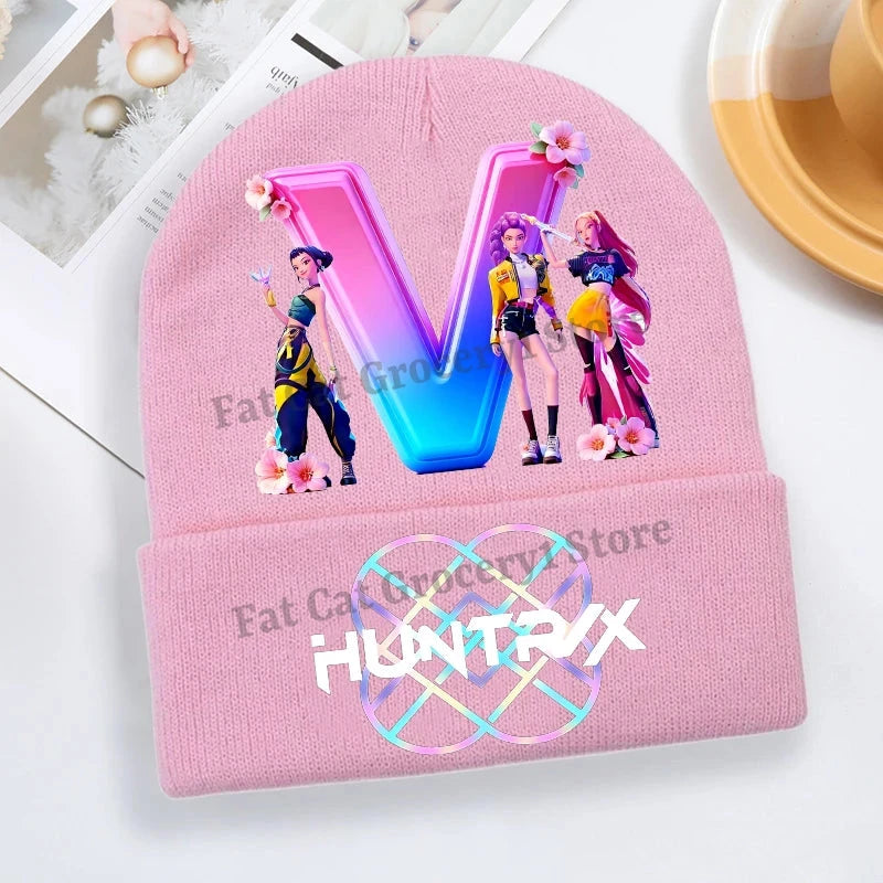 Kpop Demon Hunter Knitted Hat Girls Cute Letter A-Z Knit Cap Kids Winter Outdoors Warm Beanies Children Fashion Headgear Gift Colouronova