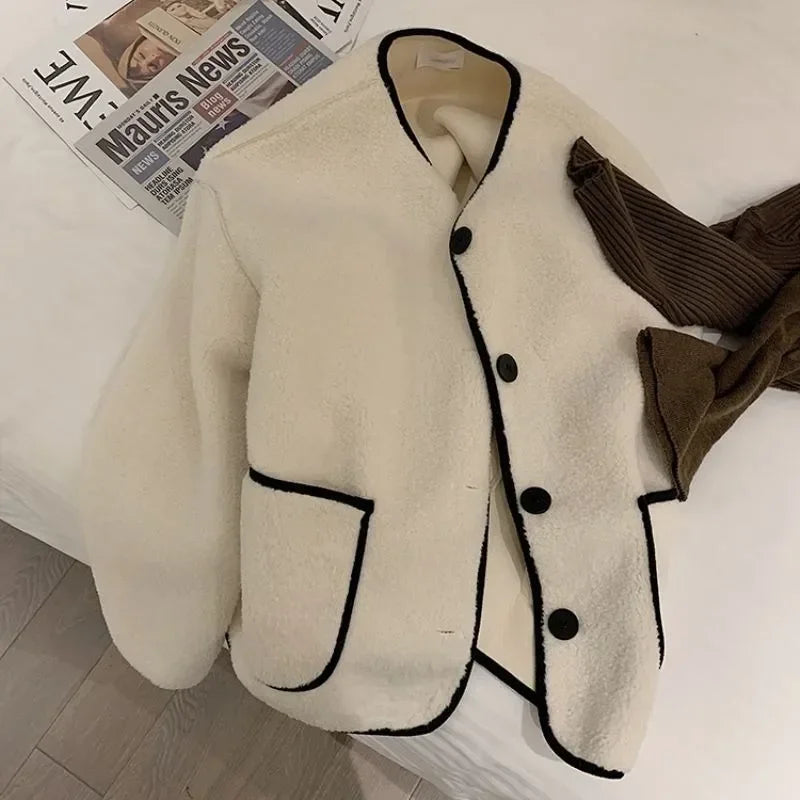 Women's Winter New Fashion Solid Color Lamb's Wool Patchwork Single Breasted Thickened Loose Casual Comfort Coat with Pockets - Colouronova
