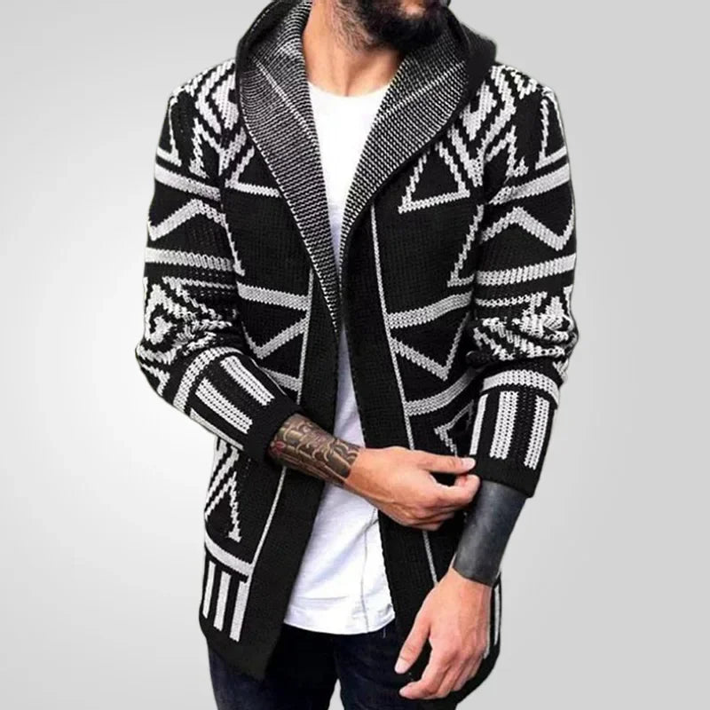 Men Cardigan Open Stitch Sweaters Mid Length Coat Hooded Full Sleeve Splice Knit Casual Regular Coats Autumn Winter 2024 - Colouronova