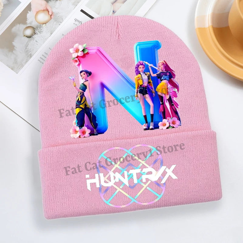 Kpop Demon Hunter Knitted Hat Girls Cute Letter A-Z Knit Cap Kids Winter Outdoors Warm Beanies Children Fashion Headgear Gift - Colouronova