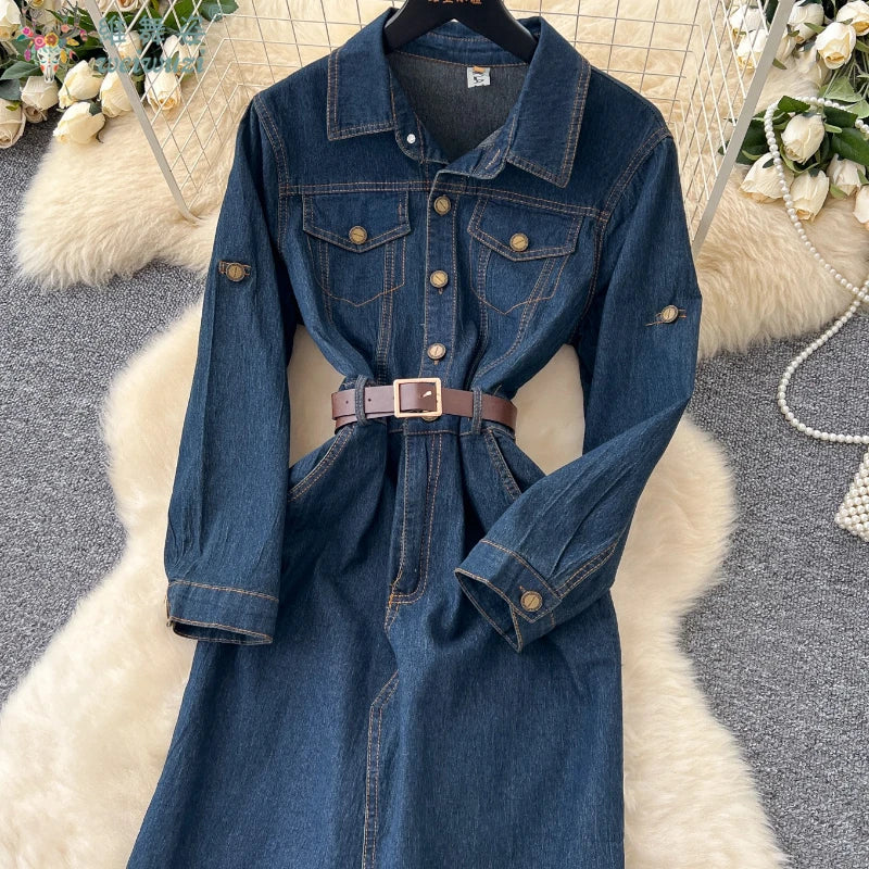 Autumn New Retro Style Quality Women's Split Denim Dress with Belt Fashion Long Jean Skirt Lady Elegant Vacation Cowboy Outfit - Colouronova