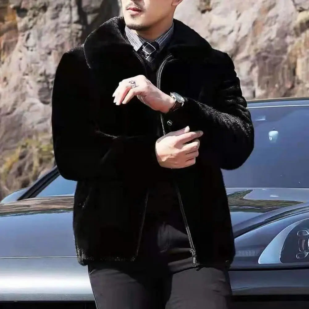 Men Coat Hooded Long Sleeve Imitation Mink Fur Jacket With Pockets Zipper Placket Thick Fleece Winter Coat - Colouronova