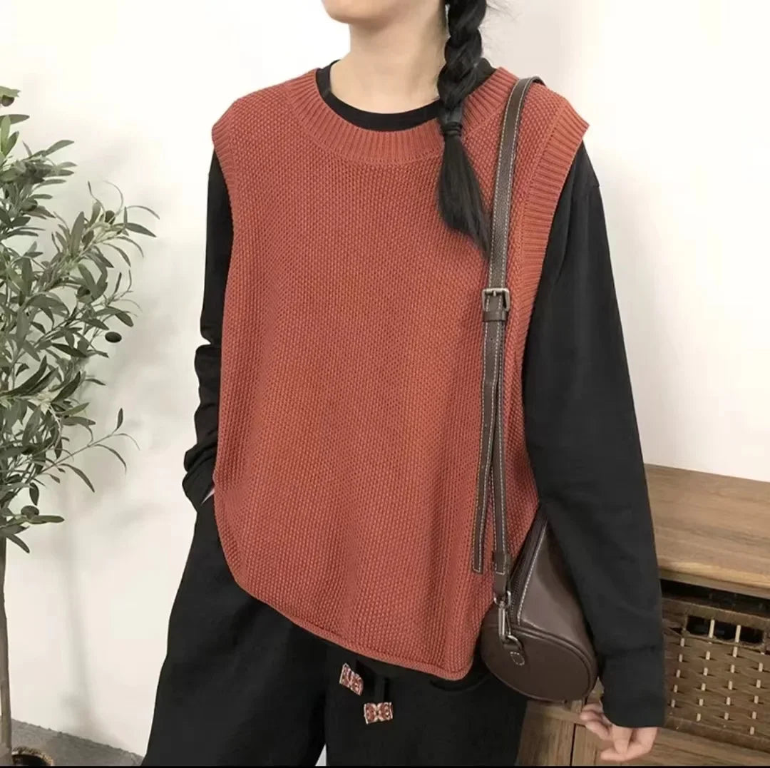 Autumn New Women's Fashion Round Neck Knitted Vest Sleeveless Solid Color Spring Versatile Female Chic Casual Tank Top - Colouronova
