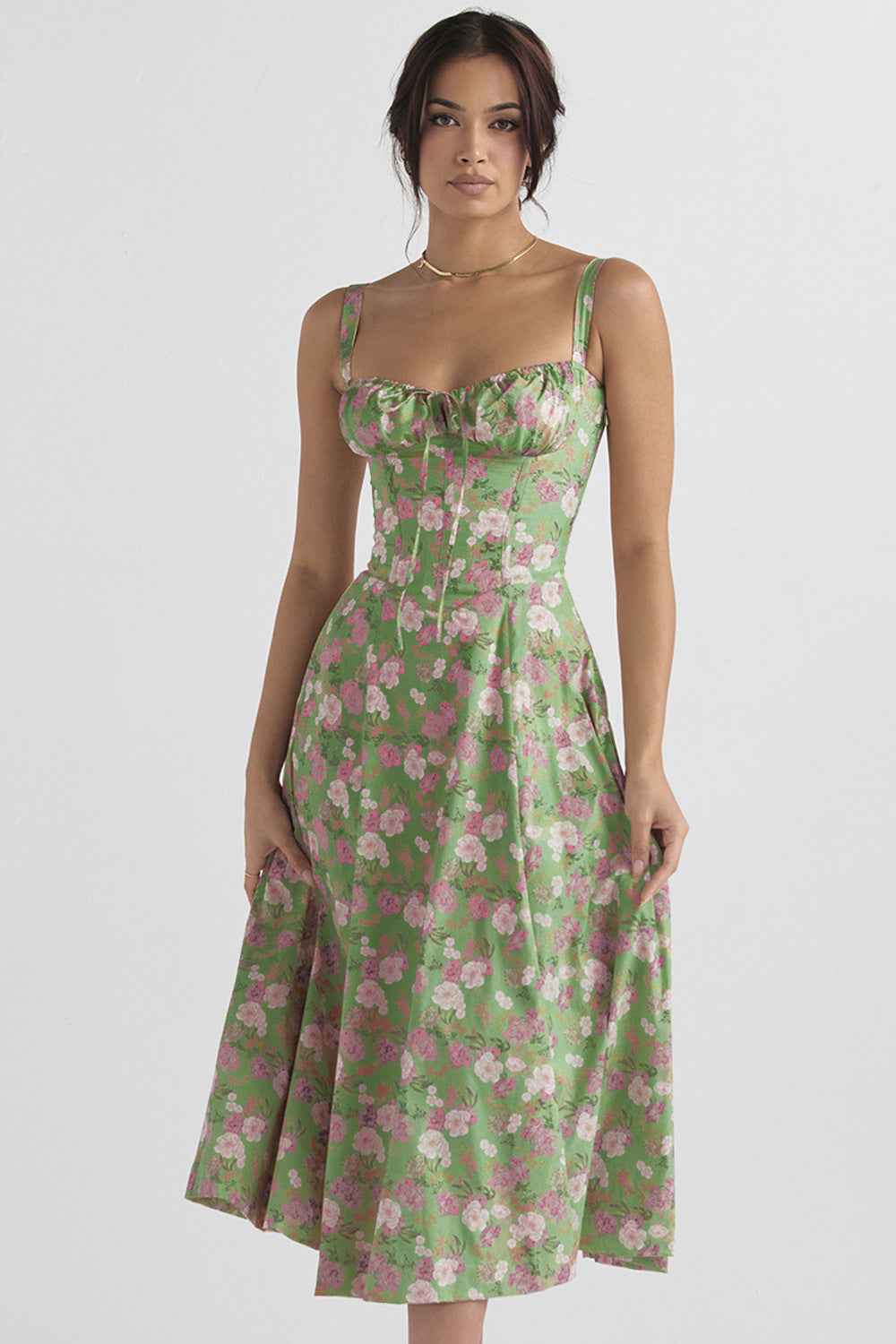 Elegant Sling Midi Dress with Floral Patterns