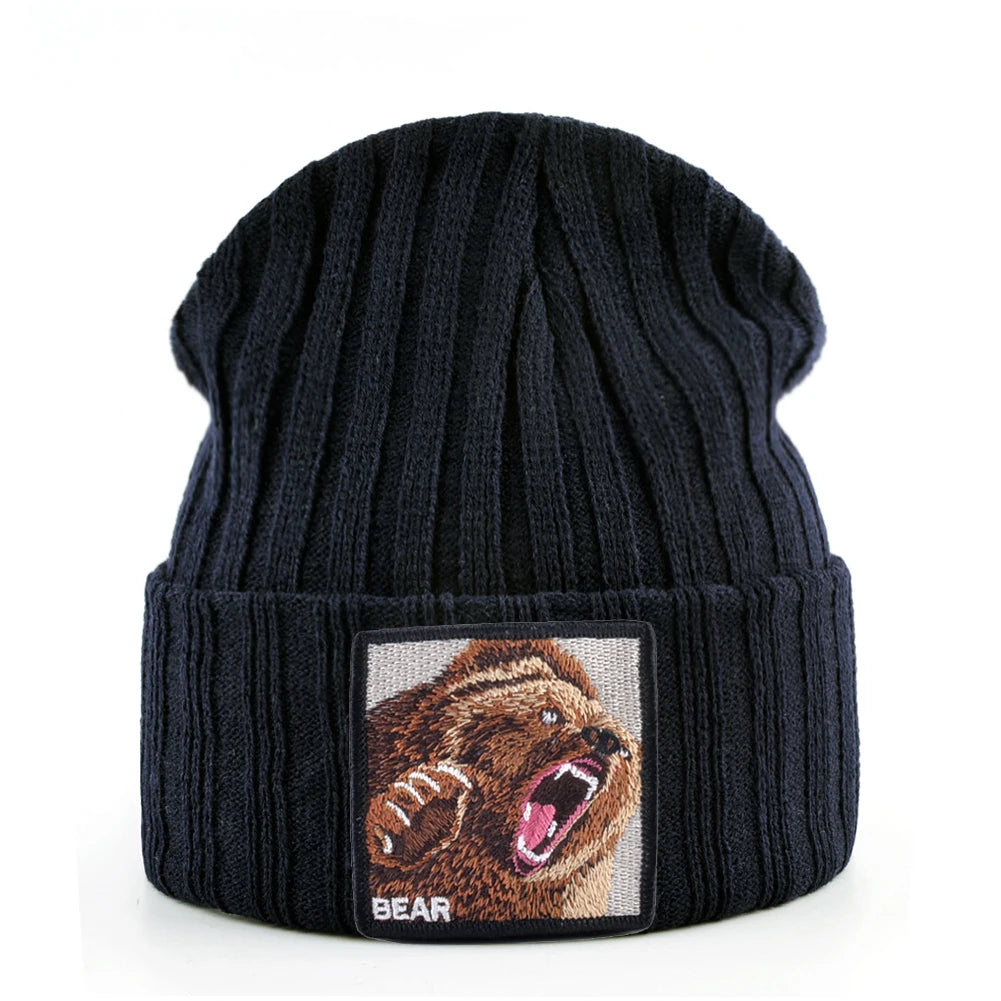 Unisex Black Beanie Hat With Animals Embroidery Patch Knitted Skull Cap For Men Women For Autumn Winter Streetwear Bonnet Hats - Colouronova