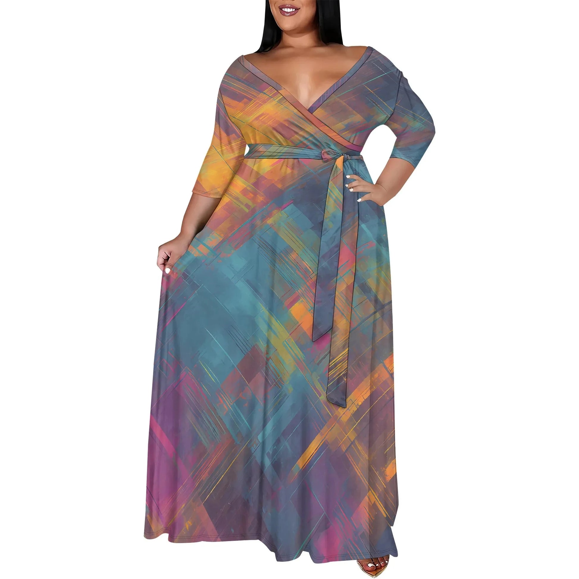 Plus Size Women's 3/4 Sleeve V-Neck Snowflake Print Wrap Maxi Dress Winter Elegant Party Dress Colouronova