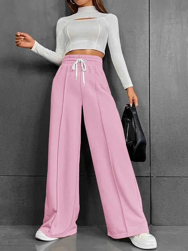 High Waist Wide Leg Pants Women Full Length Trousers Solid Capris Drawstring Pockets Loose Fit Sports Casual Slight Strech - Colouronova