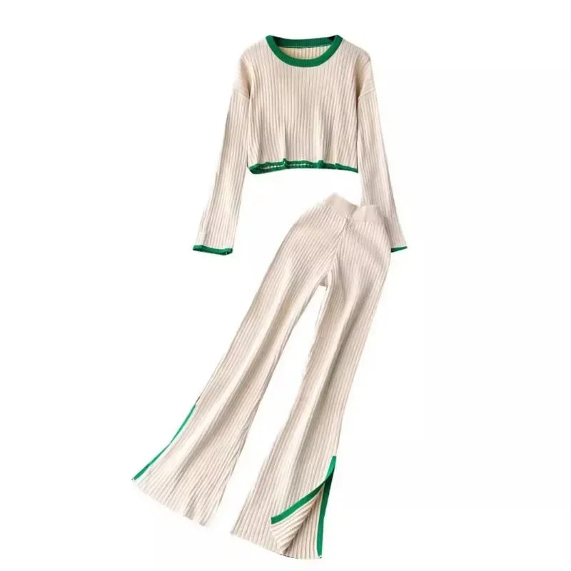 Autumn Winter 2 Pieces Women's Oufit Sets Knitted Tracksuit O-Neck Sweater and Wide Leg Jogging Pants Female Suits - Colouronova