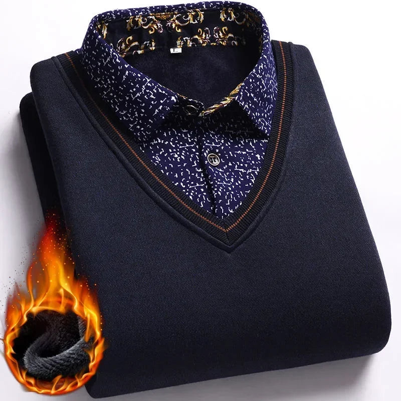New2025 Autumn Winter Warm Sweater Men Fake Two-piece Grid Thicken Knitted Male Basic Sweater Pullover Shirt Jumper Sweater Male - Colouronova