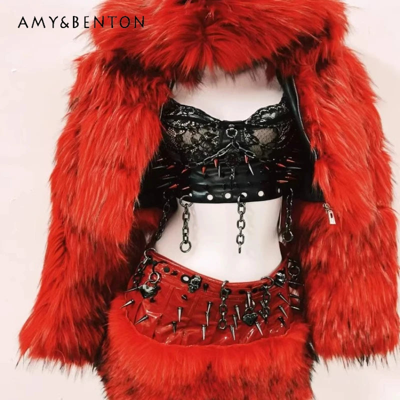 Spring Autumn New Black Lace Hollow Out Sexy Rivet Women's Vest Original Design Red Furry Splicing Short Skirt Coat Set Ladies - Colouronova