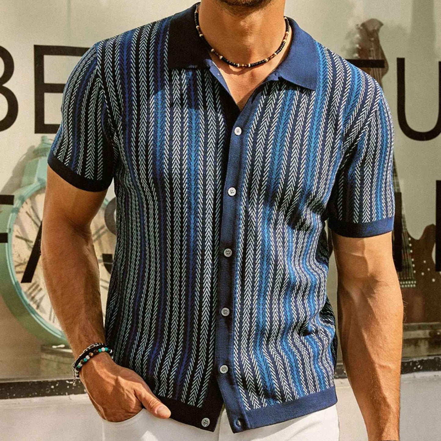 Mens Striped Jacquard Polo Shirt