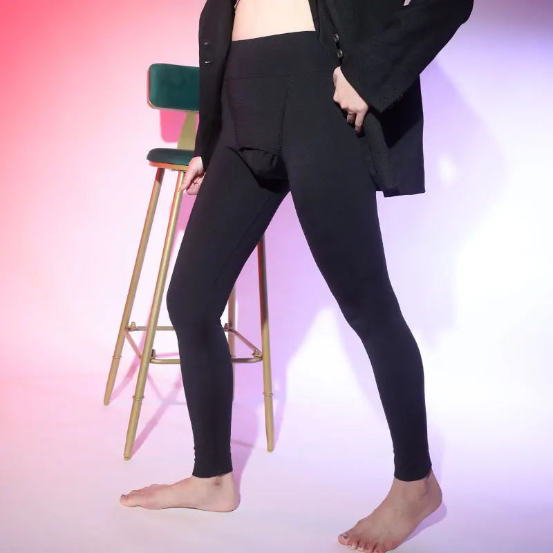 Mens Leggings Winter Velvet Pajamas High Waist Hip Lift Tight Sweatpants Breathable U Convex Pouch Pants High Elastic Lingerie - Colouronova