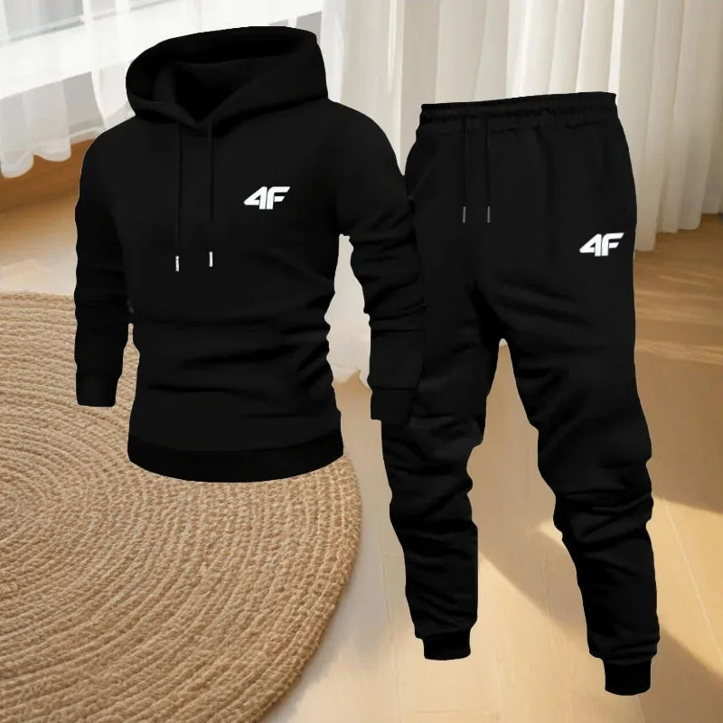 Winter Hoodie Sets Men Fashion Fleece Red Hoodies Black Brand Pants Casual Jogger Suit Tracksuit Sweatshirt Woman Pullover - Colouronova