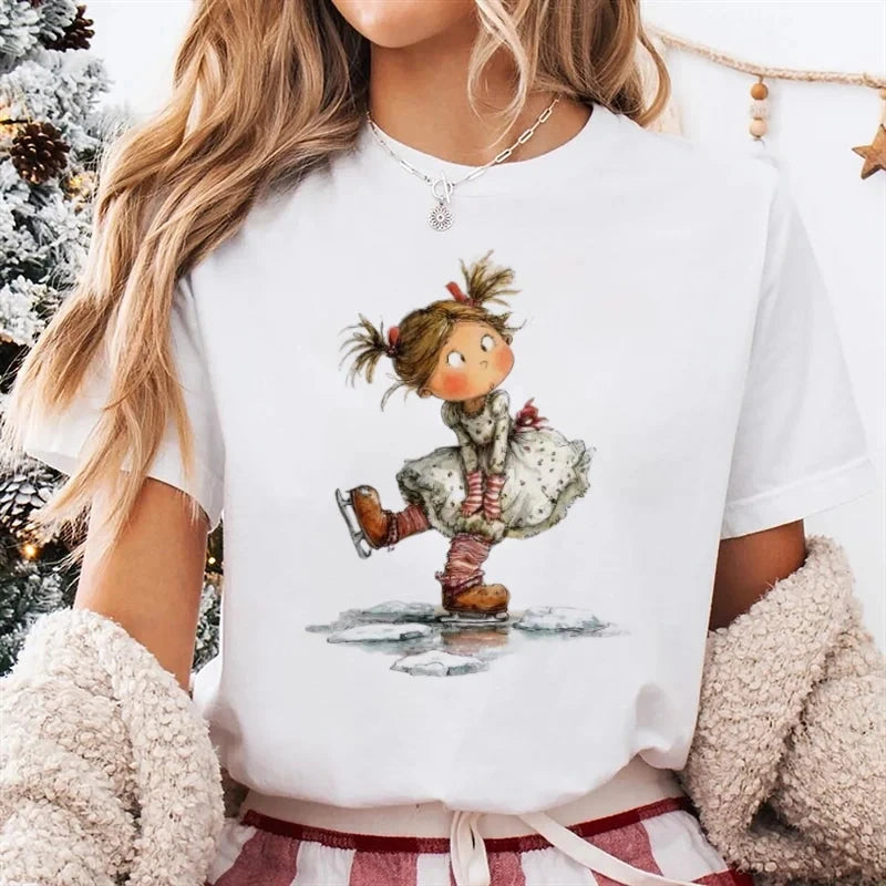 Trendy Women's Cute Christmas Happy Fashion New Year T-Shirt Girls' Christmas Socks Pattern Printed Short Sleeve Basic T-Shirt Colouronova