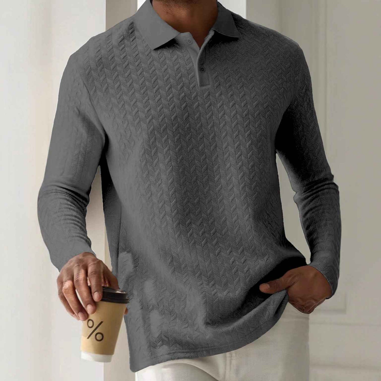 Mens Textured Long Sleeve Polo Shirts