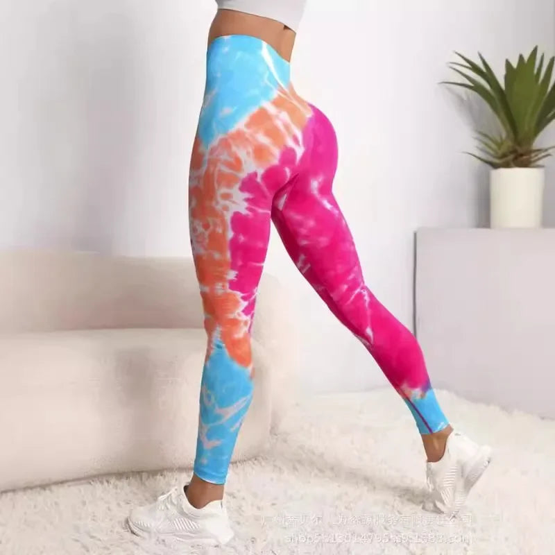 Women Sports Running Gym Work Out Pants Tie Dye Print Butt Lifting Yoga Pants High Waist Booty Scrunch Leggings - Colouronova