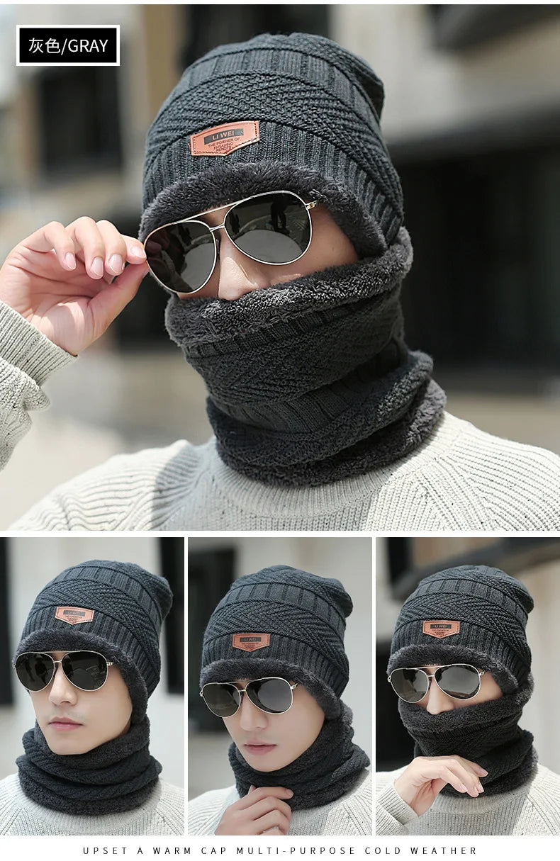 2024 New Winter Beanie Hat for Men Knitted Hat Winter Cap Beanie Women Thick Wool Neck Scarf Cap Balaclava Mask Bonnet Hats - Colouronova
