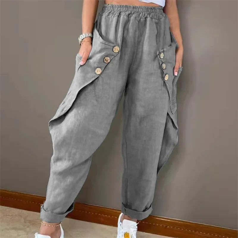 Harem Pants Women Elastic Waist Pockets Button Solid Distressed Slacks Female Streetwear 2025 Casual Ankle Length Trousers - Colouronova
