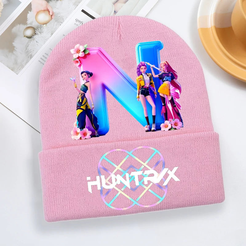 Kpop Demon Hunter Knitted Hat Girls Cute Letter A-Z Knit Cap Kids Winter Outdoors Warm Beanies Children Fashion Headgear Gift - Colouronova