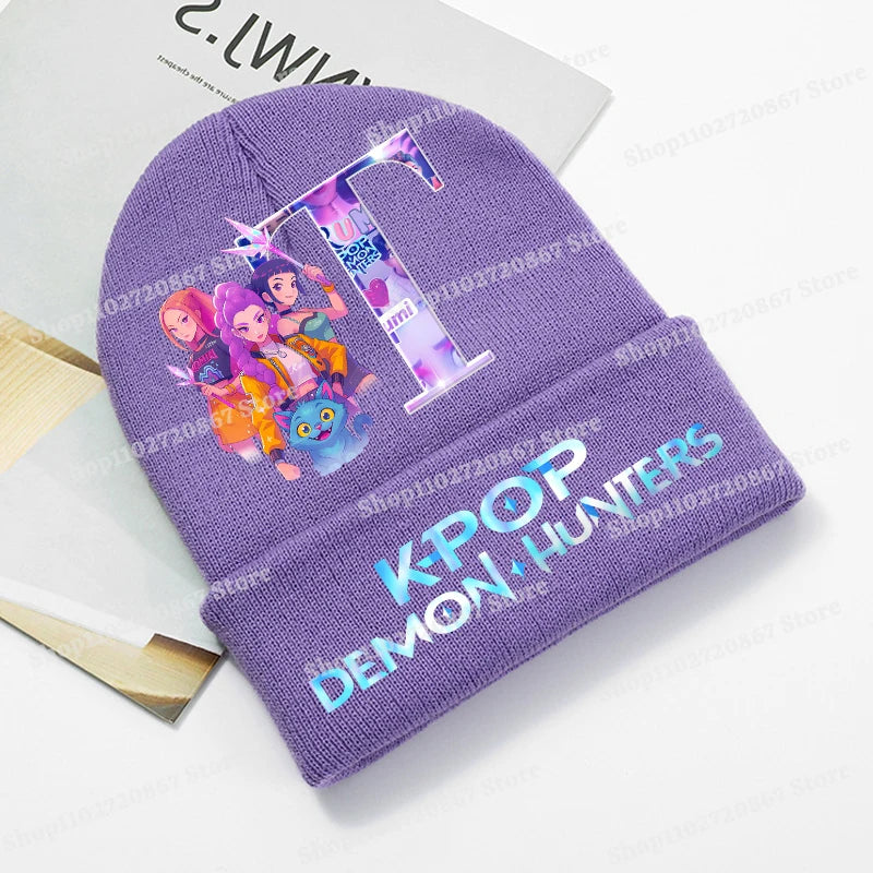KPop Demon Hunters Purple Knitted Hat Boys Girls Cartoon Anime Woolen Hats Autumn Winter Kid Outdoor Warmth Beanies Caps Beanie - Colouronova