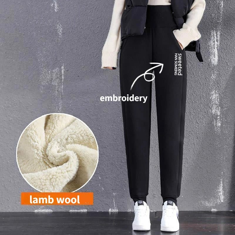 2022 Winter Women Fleece Pants Casual Keep Warm Thick Trousers Fashion Solid Color Loose High Lamb Fur Slim Waist Sweatpants 4XL - Colouronova