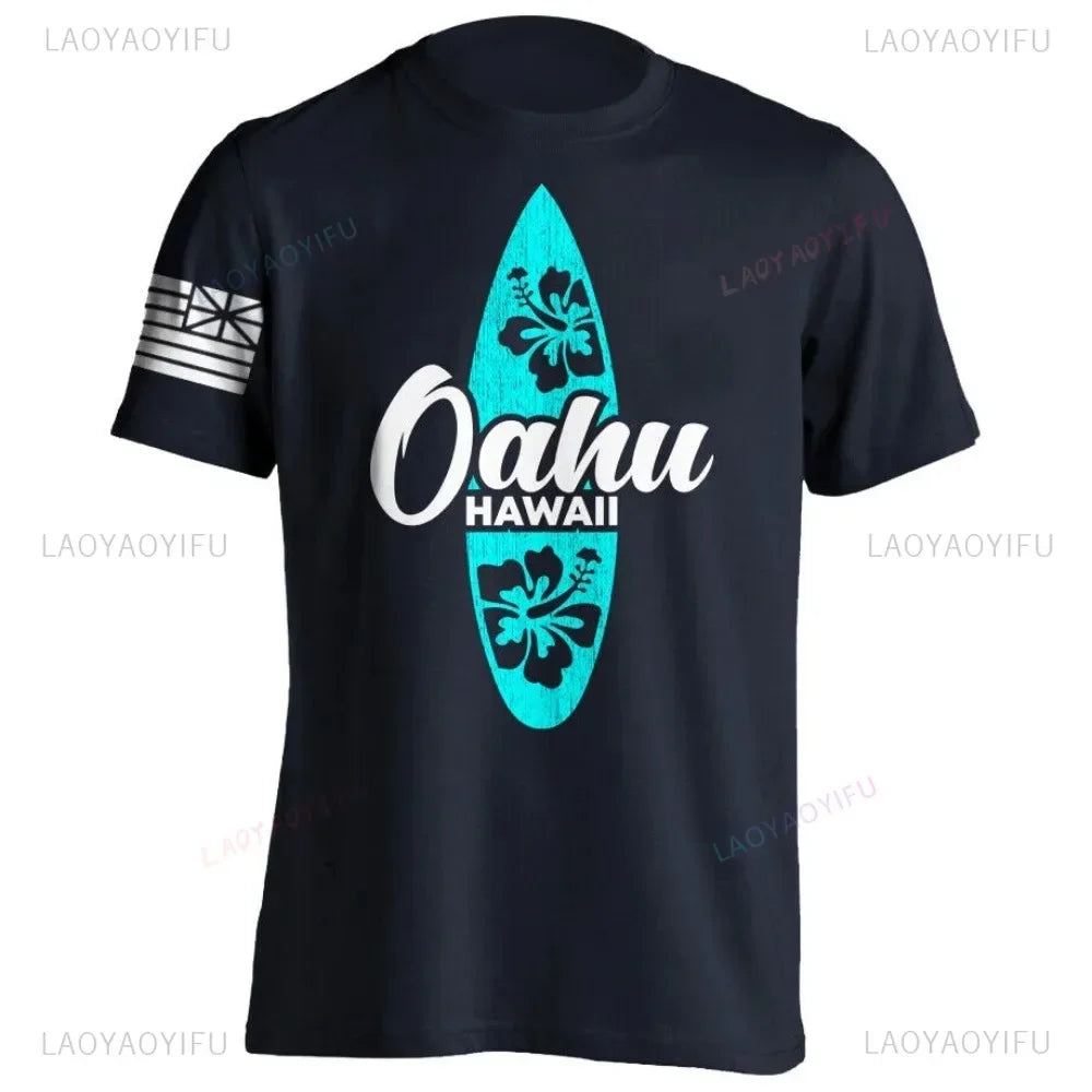 Men's Cotton Shirt OAHU HAWAII SURFING Distressed TShirt Unisex Surf Board Beach Tee Tops Summer Fashion Casual Short Sleeves - Colouronova