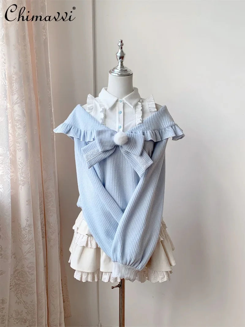 Original Design Water Color Sweet Bow Cute Girl Long Sleeve Off Shoulder Sweater + Skirt 2025 Autumn Winter New Lolita Set - Colouronova