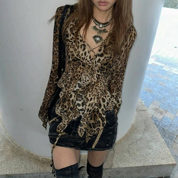 Women's Leopard Print V-Neck Chiffon Shirt Colouronova