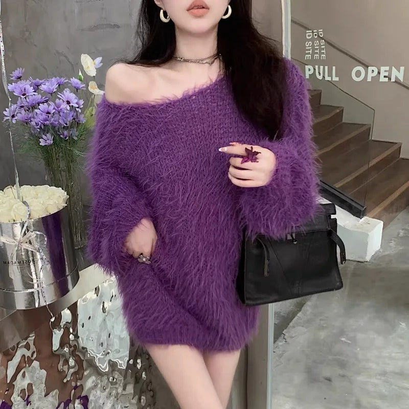 Women's Autumn Winter Faux Mink Hair Fuzzy Loose Long Sweater Lady Casual Solid Collar Pullover Long Sleeve Jumper - Colouronova
