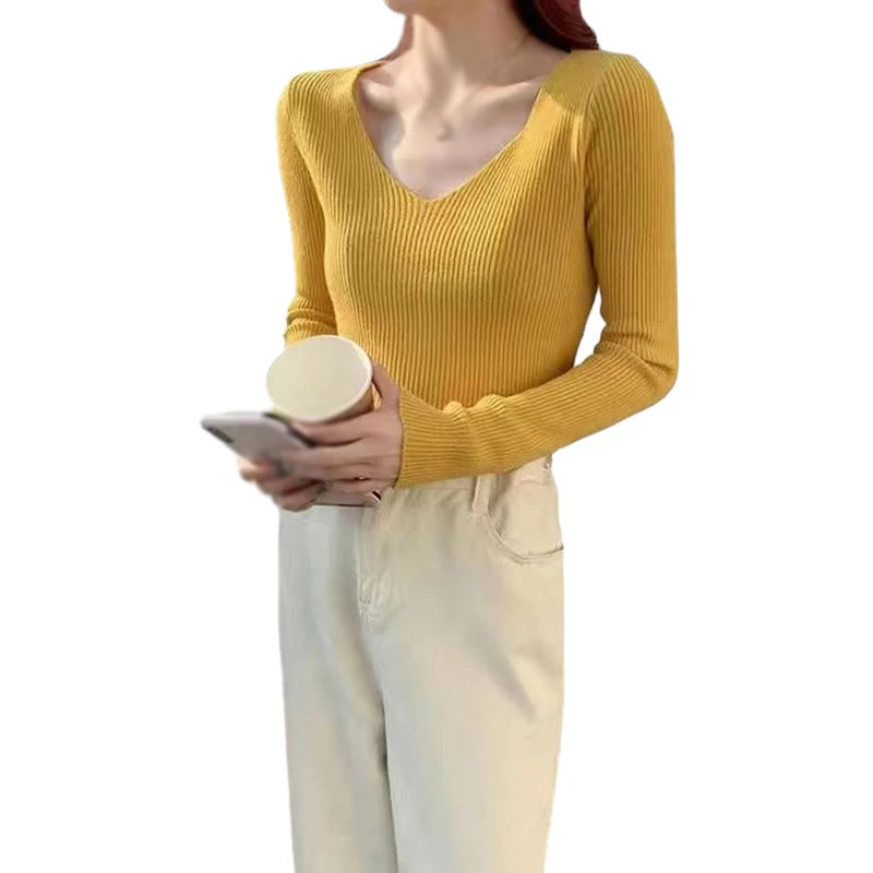 Autumn Basic Bottoming Longsleeve Sweater Women Ribbed Soft Neck Elastic Pullover Warm Solid Color Slim Sweater Top - Colouronova