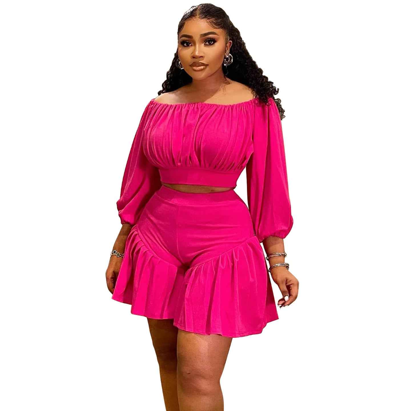Plus-Size Off-Shoulder Pleated Women's Set