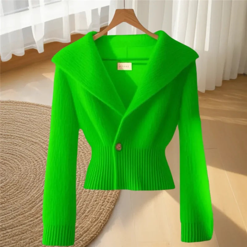 Autumn Winter Women's Sweater Knitwear 2025 New Fashion Loose Casual Tops Cardigan Pure Colour The Waist V-Neck Outerwear Female - Colouronova