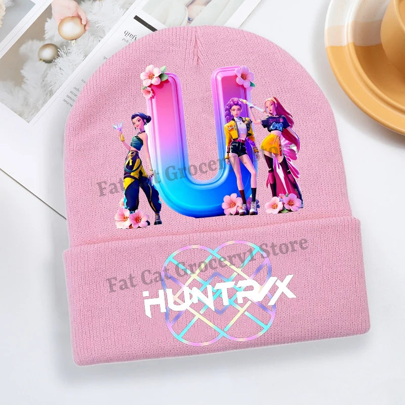 Kpop Demon Hunter Knitted Hat Girls Cute Letter A-Z Knit Cap Kids Winter Outdoors Warm Beanies Children Fashion Headgear Gift - Colouronova