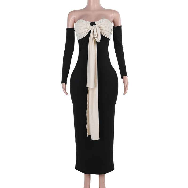 Off-Shoulder Bodycon Long Dress with Bow
