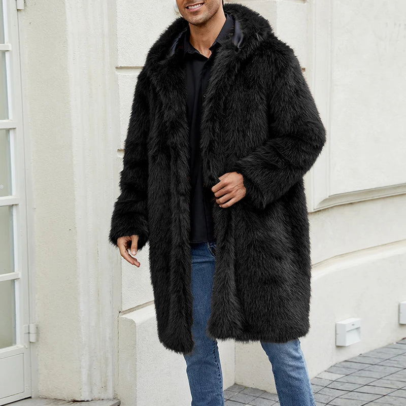Men Faux Fur Coat Solid Color Hooded Long Sleeve Winter Warm Thicken Jacket Outerwear - Colouronova