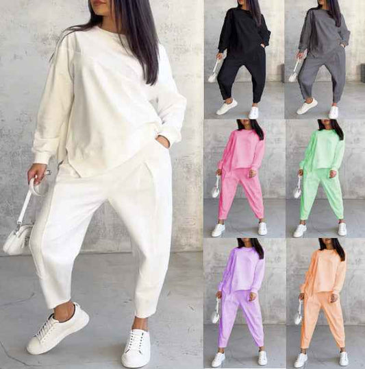 Women's Casual Round Neck Loose Long Sleeve Sweatshirt Set