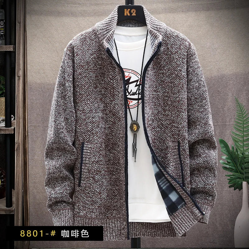 Men's Winter Autumn Fleece Sweater Zipper Cardigan Korean Warm Jacket Coat Sports Male Jumper Knit Clothing Brown Jacket - Colouronova