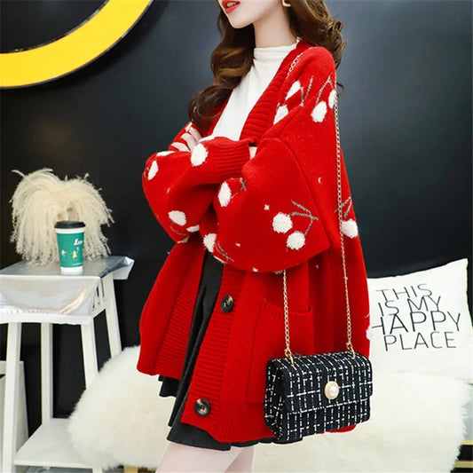 2025 Autumn V-Neck Long Sleeve Sweater Cardigan Women Jacket Coat Loose Thick Warm Knitwear Cherry Embroidery Knitted Cardigan - Colouronova