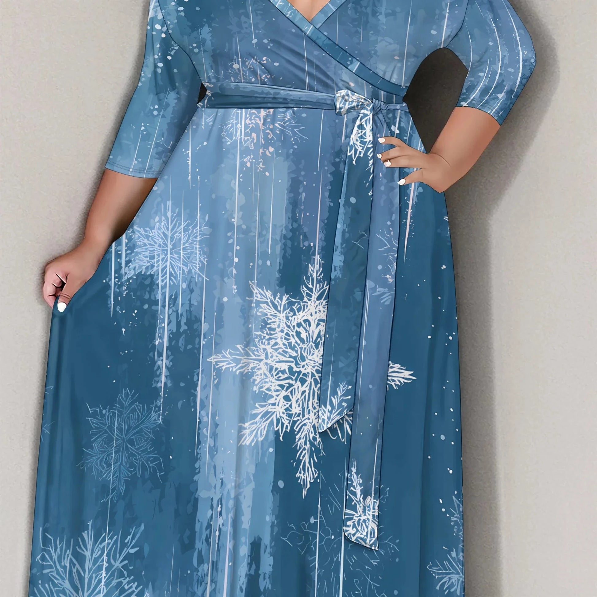 Plus Size Women's 3/4 Sleeve V-Neck Snowflake Print Wrap Maxi Dress Winter Elegant Party Dress Colouronova
